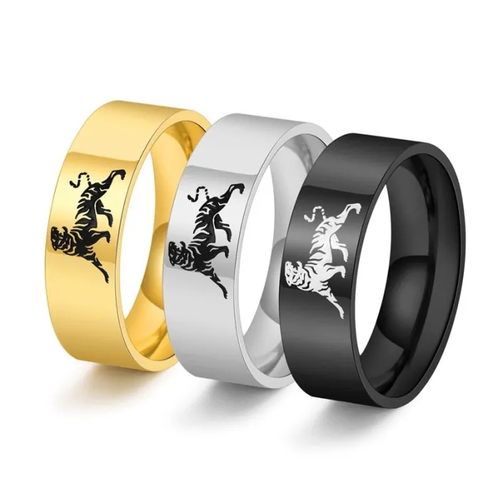 Creative 8MM Wide Polished Tiger Titanium Steel Ring for Men, Bold and Trendy Design