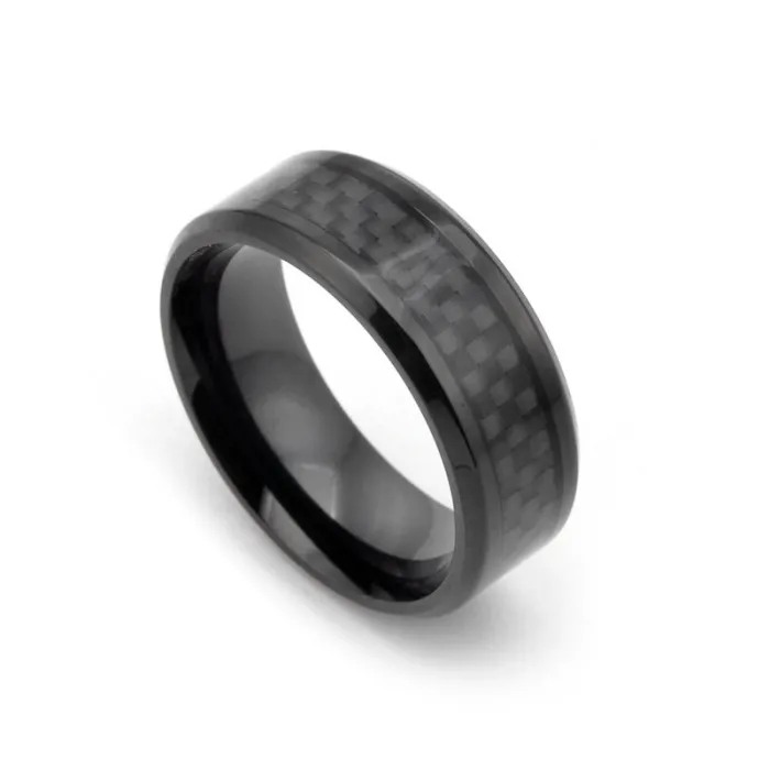 Men’s Stainless Steel Black Carbon Fiber Ring 8mm Inward Groove Epoxy Jewelry