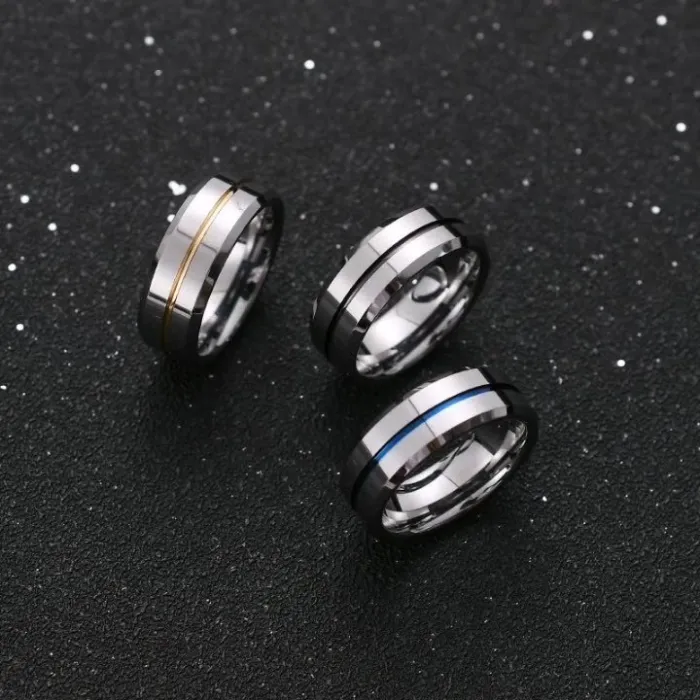 Men’s Tungsten Carbide Ring 8mm Groove Design Bold Fashion Band Stylish Blue Accent Jewelry