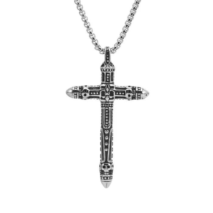 Vintage Bullet Pendant Necklace for Men Stainless Steel Cross Design Long Chain Jewelry