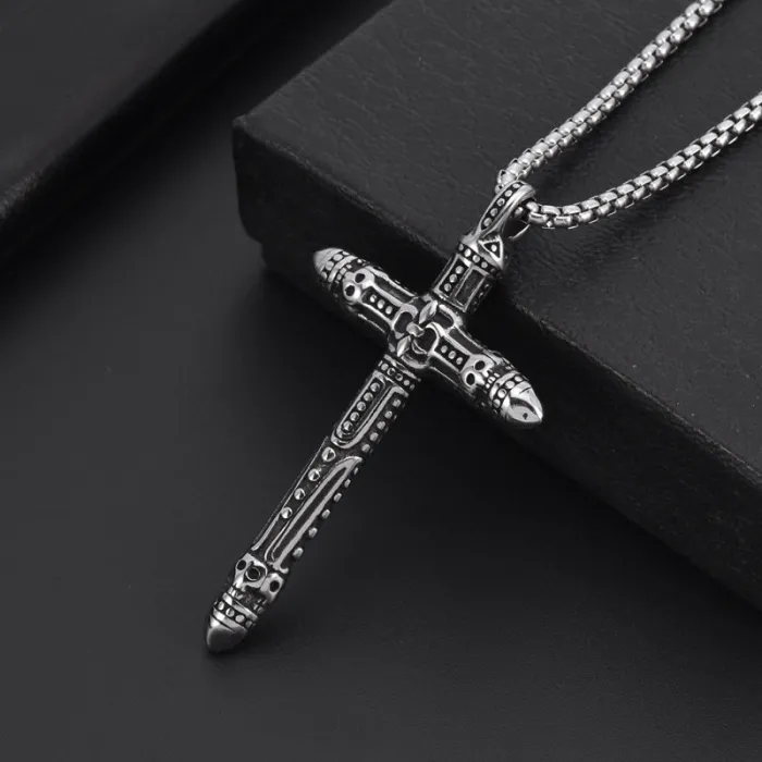 Vintage Bullet Pendant Necklace for Men Stainless Steel Cross Design Long Chain Jewelry