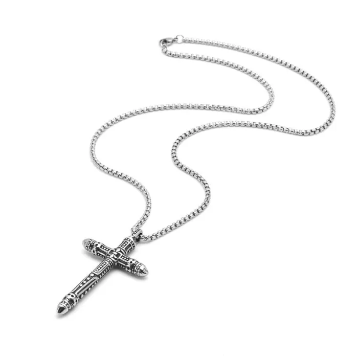 Vintage Bullet Pendant Necklace for Men Stainless Steel Cross Design Long Chain Jewelry