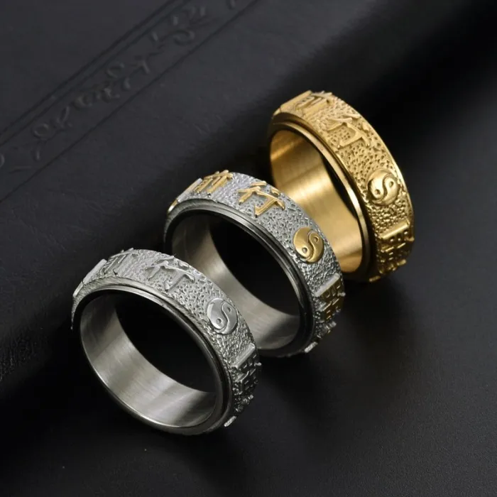 Yin Yang Bagua Spinning Ring for Men Stainless Steel Nine Mantra Design Chinese Style Jewelry