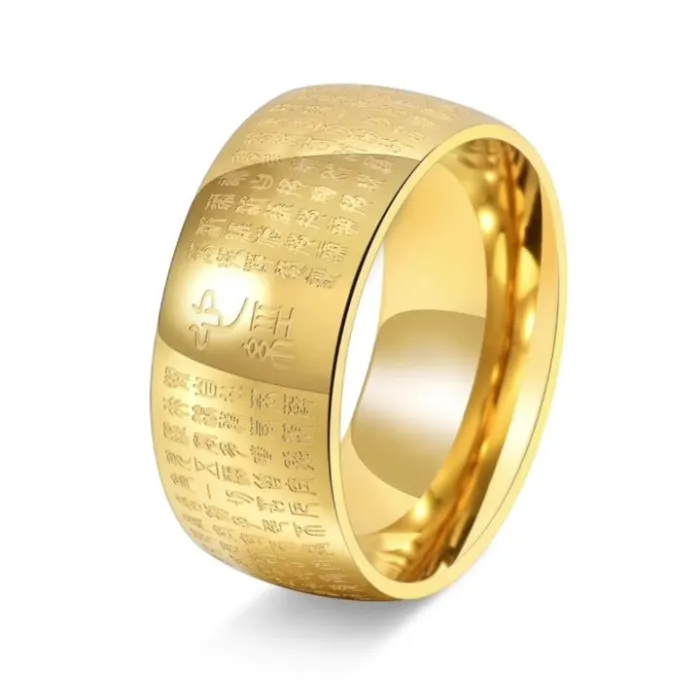 Heart Sutra Stainless Steel Ring for Men Chinese Style Wide Band 18K Gold Plated Jewelry