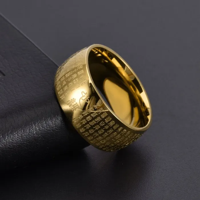 Heart Sutra Stainless Steel Ring for Men Chinese Style Wide Band 18K Gold Plated Jewelry
