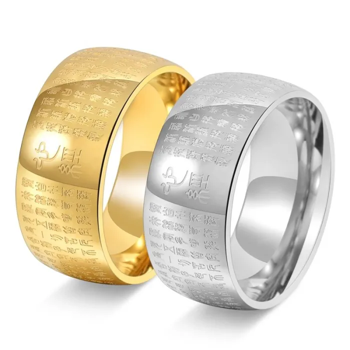 Heart Sutra Stainless Steel Ring for Men Chinese Style Wide Band 18K Gold Plated Jewelry