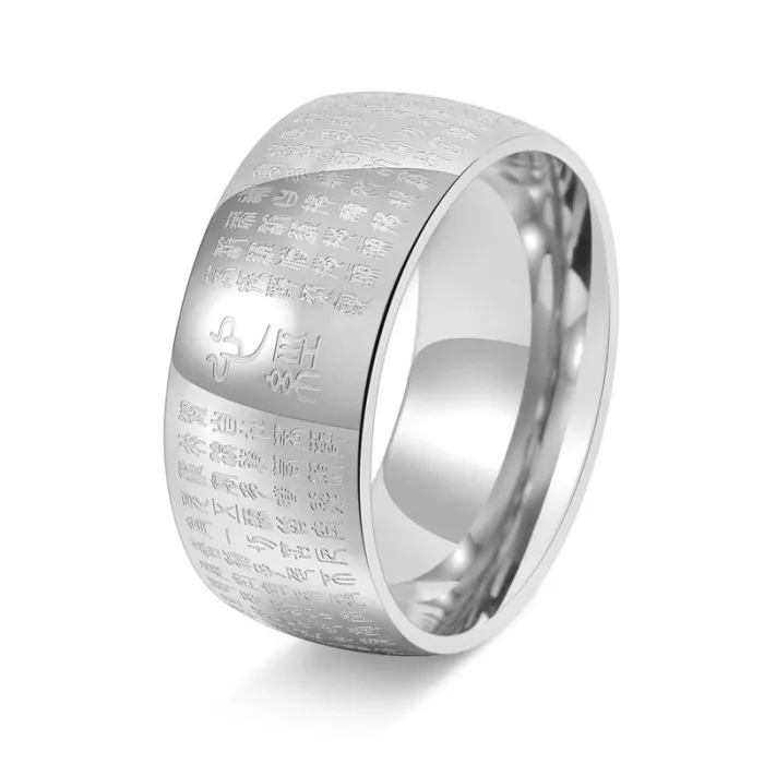 Heart Sutra Stainless Steel Ring for Men Chinese Style Wide Band 18K Gold Plated Jewelry