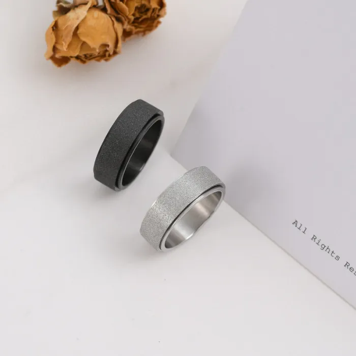 Stainless Steel Rotatable Matte Ring for Men Black Plated Spinning Band Trendy Jewelry