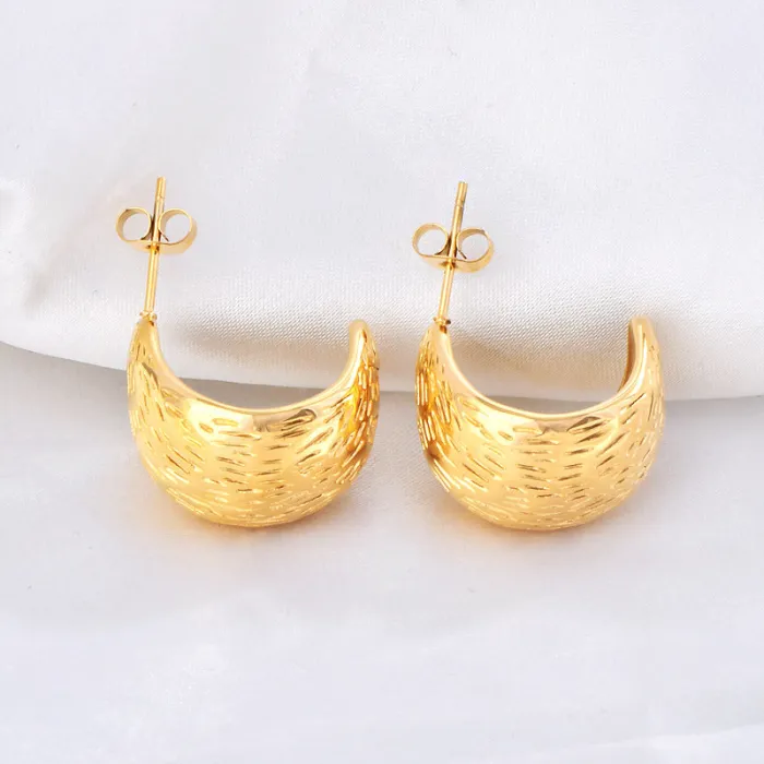 Trendy Textured C-Shaped Stainless Steel Earrings for Women Minimalist Design Jewelry Gift