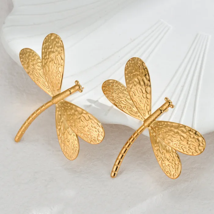 French Vintage Dragonfly Textured Earrings for Women 18K Gold Titanium Steel Irregular Design Jewelry