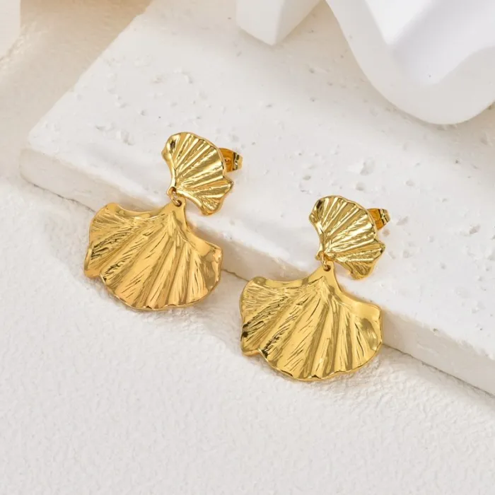 Ginkgo Leaf Stainless Steel Earrings for Women Textured Hammered Design Statement Jewelry
