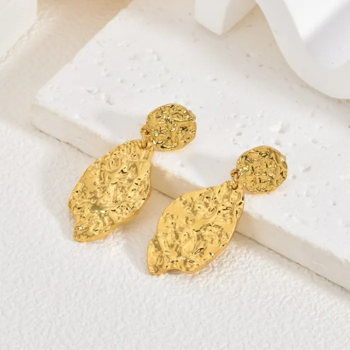 Ginkgo Leaf Stainless Steel Earrings for Women Textured Hammered Design Statement Jewelry