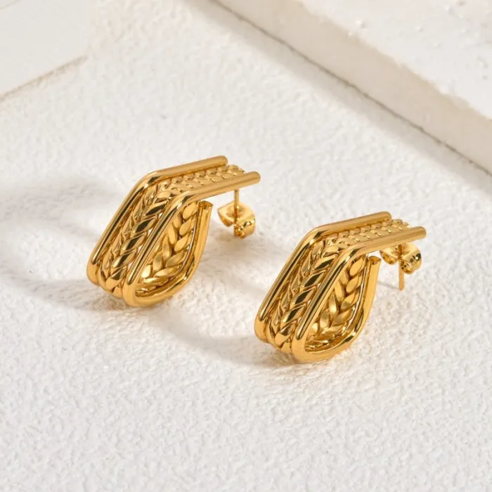 Vintage Stainless Steel Wheat Twist Earrings for Women Trendy Braided Metal Stud Jewelry
