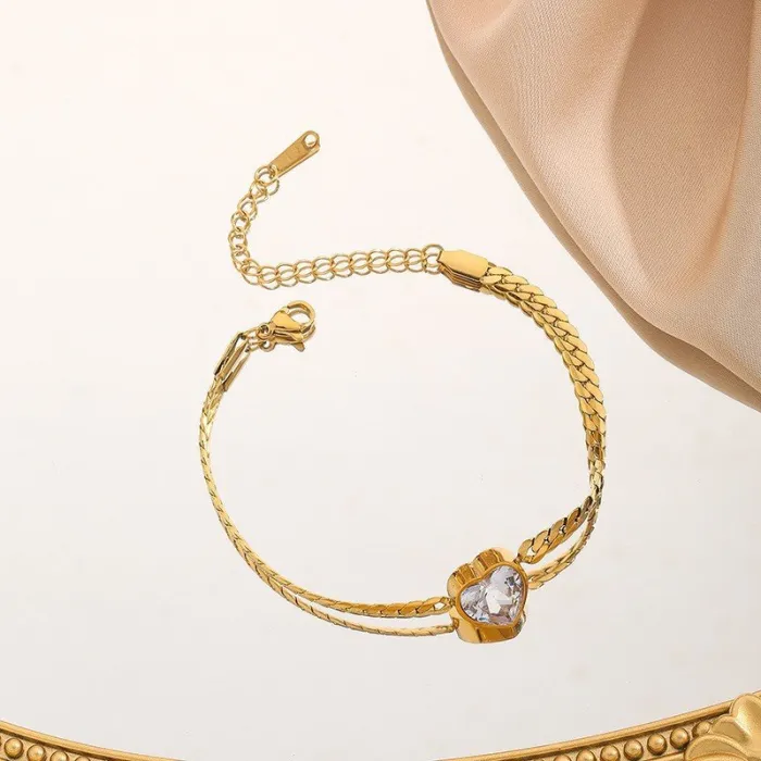 Gold Heart Zircon Necklace for Women – Titanium Steel Chunky Chain, Stylish Non-Fading Jewelry