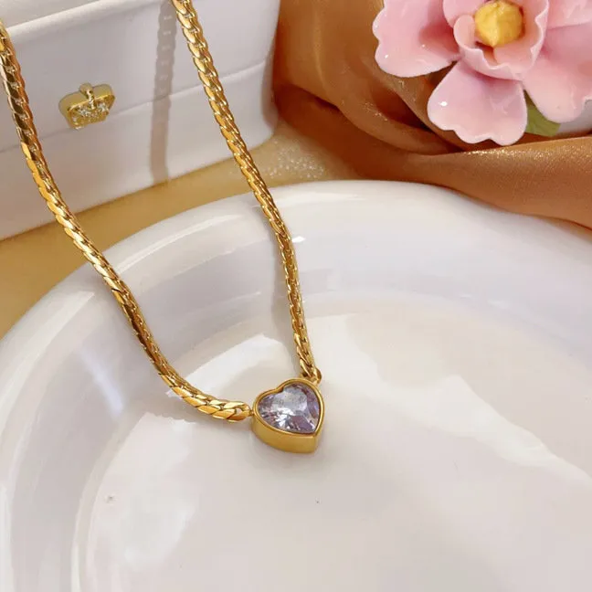Gold Heart Zircon Necklace for Women – Titanium Steel Chunky Chain, Stylish Non-Fading Jewelry