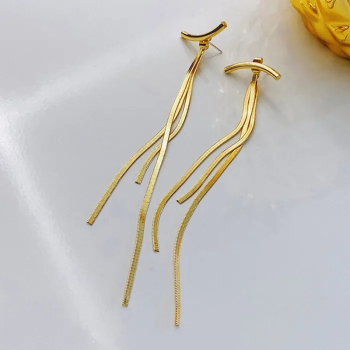 Korean INS Style Metal Tassel Long Earrings for Women – Minimalist Elegant Design