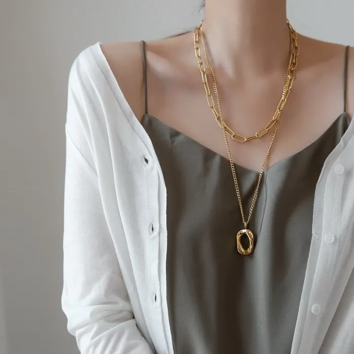 Geometric Double-Layer Titanium Steel Necklace – Minimalist Luxury Design Statement Chain