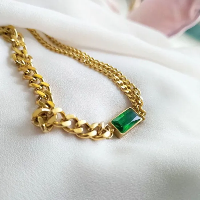 Wholesale Green Crystal Stainless Steel Necklace | Bulk Supplier & Factory Price Elegant Choker for Women