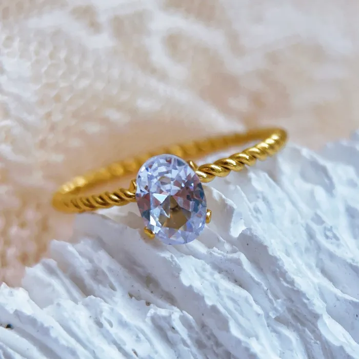 Wholesale Oval Zircon 18K Gold Plated Ring | Bulk Supplier & Factory Price Twisted Stainless Steel Fashion Jewelry