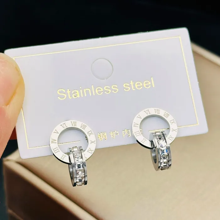 Wholesale Rose Gold Roman Zircon Earrings | Bulk Supplier & Factory Price Stainless Steel Double Hoop Jewelry for Women