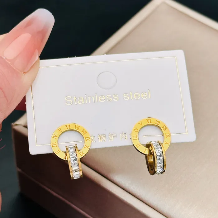 Wholesale Rose Gold Roman Zircon Earrings | Bulk Supplier & Factory Price Stainless Steel Double Hoop Jewelry for Women