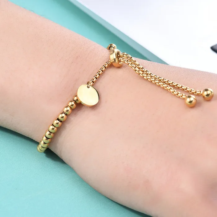 Wholesale 18K Gold Stainless Steel Engravable Bracelet | Bulk Supplier & Factory Price Adjustable Round Bead Jewelry
