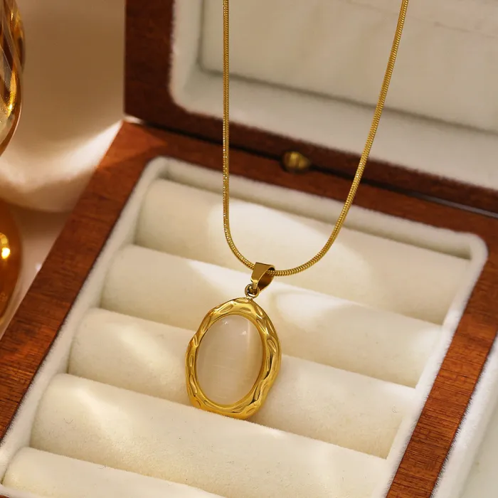 Wholesale Cat Eye Stone Titanium Steel Necklace | Bulk Supplier & Factory Price Oval Pendant Chain Jewelry for Women