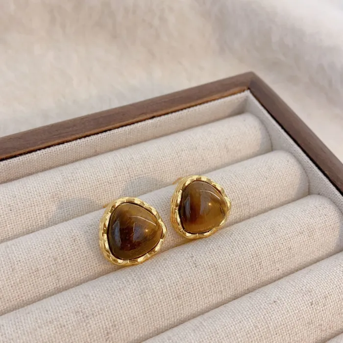 Wholesale 18K Gold Plated Copper Earrings | Bulk Supplier Factory Price Brown Tiger Eye Style Retro Stud Jewelry