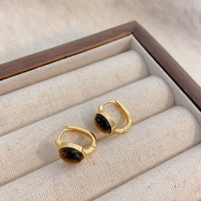 Wholesale 18K Gold Plated Copper Earrings | Bulk Supplier Factory Price Brown Tiger Eye Style Retro Stud Jewelry