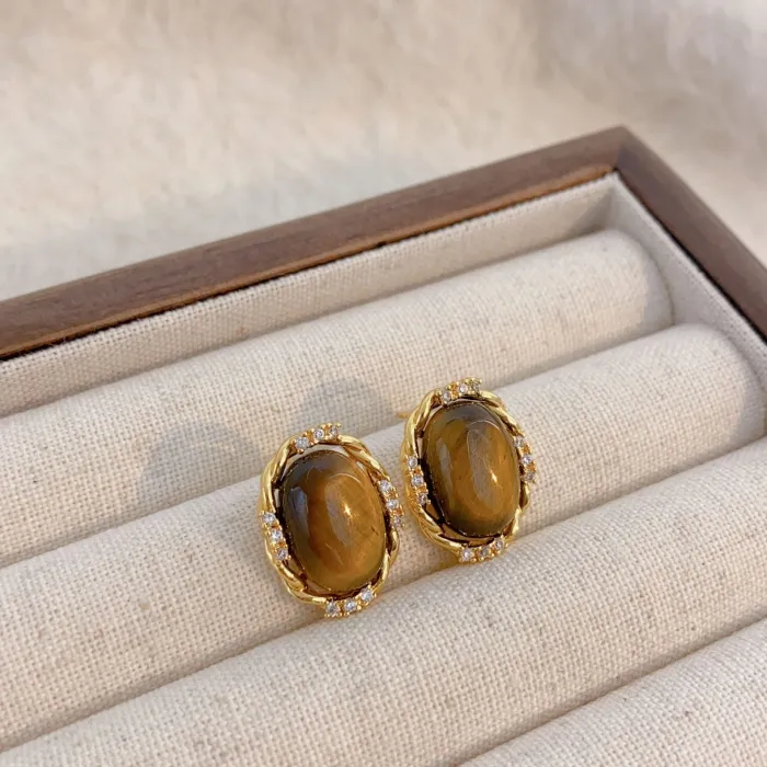 Wholesale 18K Gold Plated Copper Earrings | Bulk Supplier Factory Price Brown Tiger Eye Style Retro Stud Jewelry