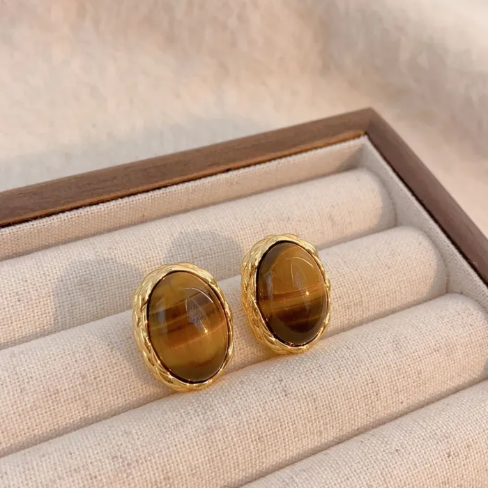 Wholesale 18K Gold Plated Copper Earrings | Bulk Supplier Factory Price Brown Tiger Eye Style Retro Stud Jewelry