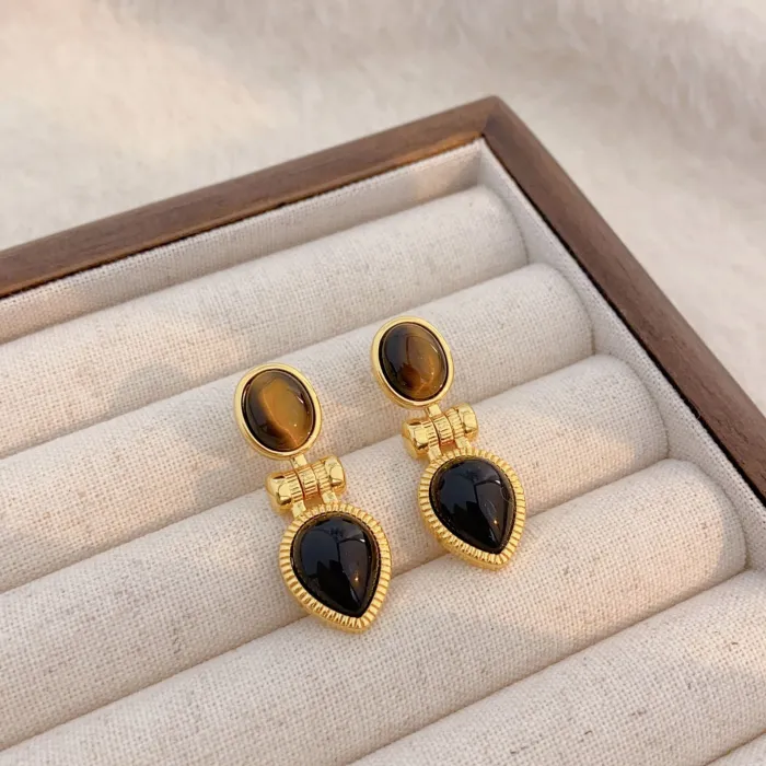 Factory Price 18K Gold Plated Earrings | Wholesale Retro Brown Stone Stud Jewelry for Women, Bulk Supplier