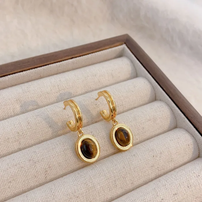Factory Price 18K Gold Plated Earrings | Wholesale Retro Brown Stone Stud Jewelry for Women, Bulk Supplier