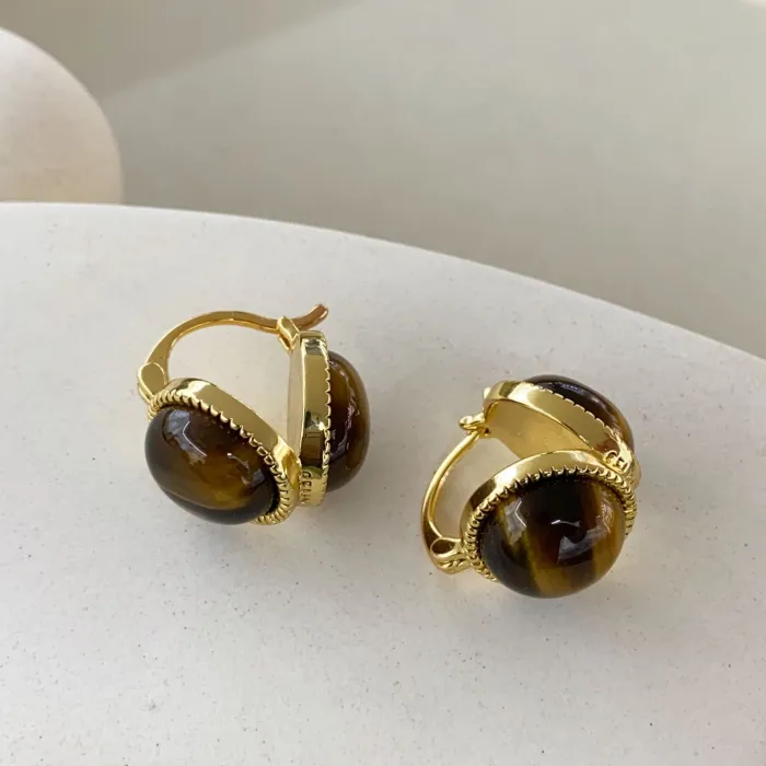 Factory Price 18K Gold Plated Earrings | Wholesale Retro Brown Stone Stud Jewelry for Women, Bulk Supplier