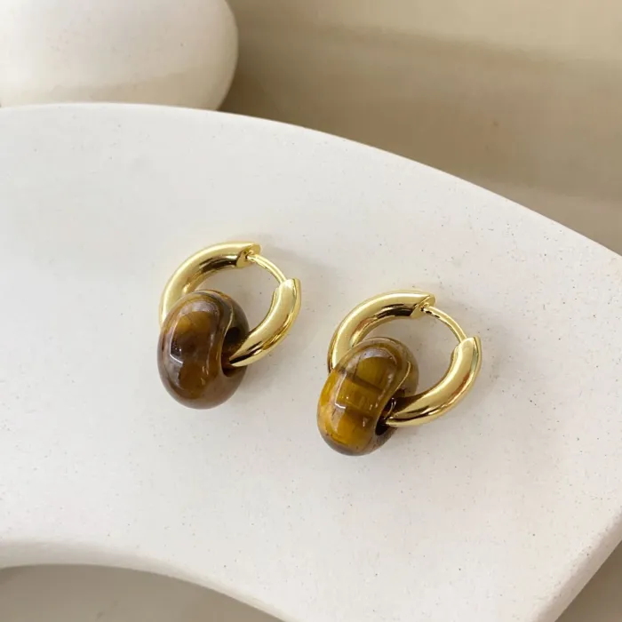 Factory Price 18K Gold Plated Earrings | Wholesale Retro Brown Stone Stud Jewelry for Women, Bulk Supplier