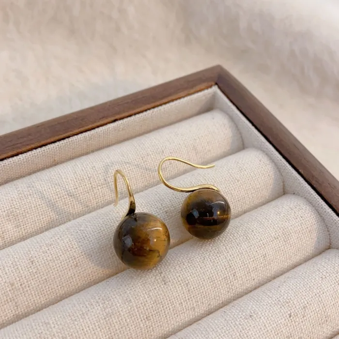 Factory Price 18K Gold Plated Earrings | Wholesale Retro Brown Stone Stud Jewelry for Women, Bulk Supplier