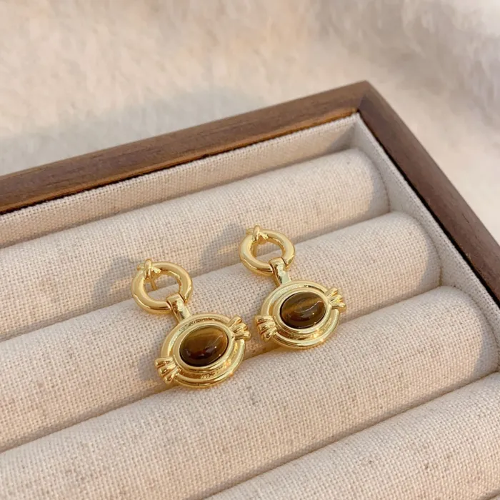 Wholesale 18K Gold Plated Brown Stone Earrings | Factory Price Retro Copper Stud Jewelry for Women