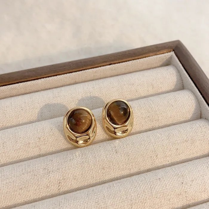 Wholesale 18K Gold Plated Brown Stone Earrings | Factory Price Retro Copper Stud Jewelry for Women