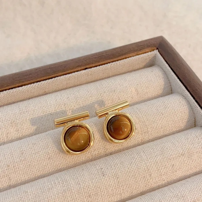 Wholesale 18K Gold Plated Brown Stone Earrings | Factory Price Retro Copper Stud Jewelry for Women