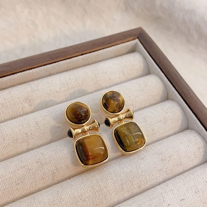 Wholesale 18K Gold Plated Brown Stone Earrings | Factory Price Retro Copper Stud Jewelry for Women