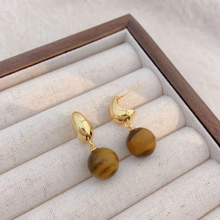 Wholesale 18K Gold Plated Brown Stone Earrings | Factory Price Retro Copper Stud Jewelry for Women