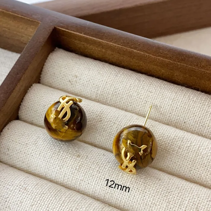 Wholesale 18K Gold Plated Brown Stone Earrings | Factory Price Retro Copper Stud Jewelry for Women