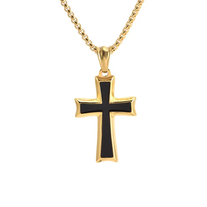 Wholesale Black Enamel Cross Pendant Necklace Stainless Steel | Bulk Supplier Factory Price Men's Fashion Jewelry