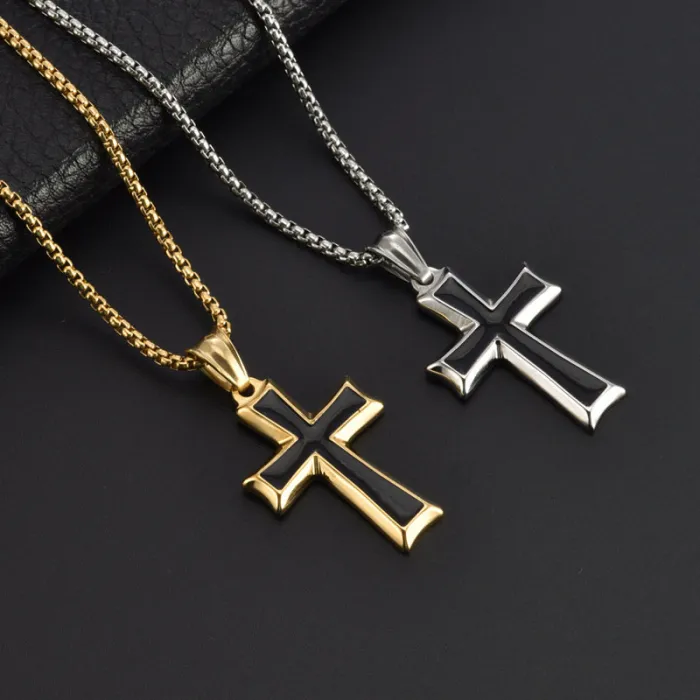 Wholesale Black Enamel Cross Pendant Necklace Stainless Steel | Bulk Supplier Factory Price Men's Fashion Jewelry