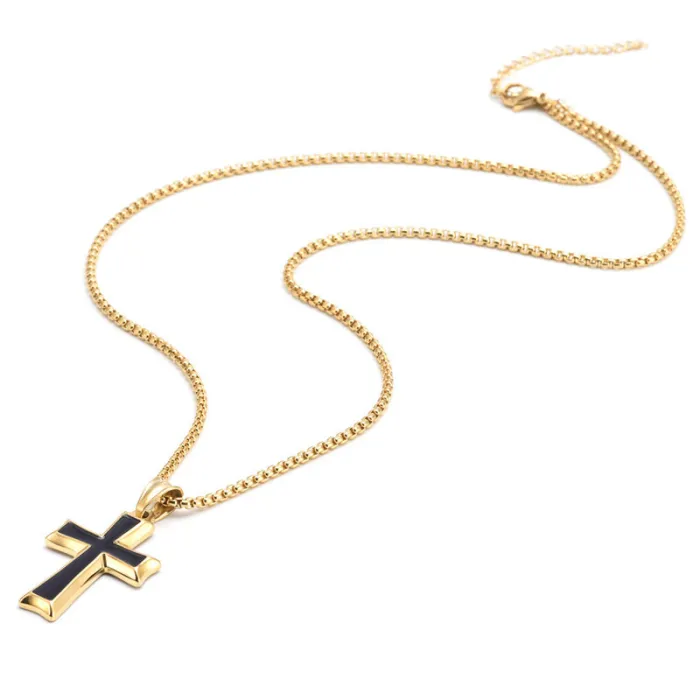 Wholesale Black Enamel Cross Pendant Necklace Stainless Steel | Bulk Supplier Factory Price Men's Fashion Jewelry