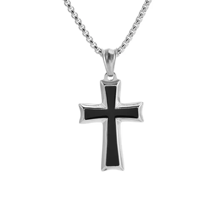 Wholesale Black Enamel Cross Pendant Necklace Stainless Steel | Bulk Supplier Factory Price Men's Fashion Jewelry