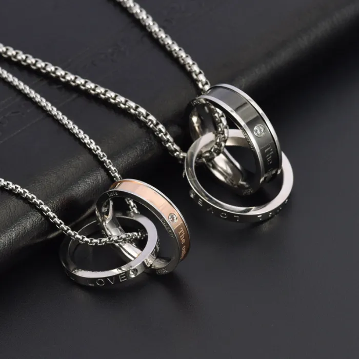 Wholesale Double Circle LOVE Pendant Necklace Stainless Steel | Bulk Supplier Factory Price Korean Style Couple Jewelry