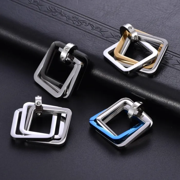 Trendy Hip Hop Geometric Square Pendant Necklace | Men’s Titanium Steel 3-Ring Long Chain | Couple Jewelry Wholesale