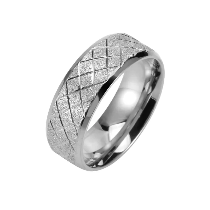 Wholesale 8MM Brushed Stainless Steel Ring | Double Beveled Floral Pattern Silver Band Factory Price