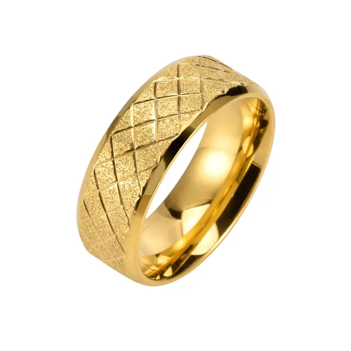 Wholesale 8MM Brushed Stainless Steel Ring | Double Beveled Floral Pattern Silver Band Factory Price